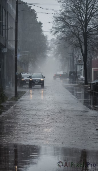 outdoors,sky,cloud,tree,no humans,cloudy sky,ground vehicle,building,scenery,motor vehicle,reflection,rain,sign,car,road,vehicle focus,power lines,lamppost,bare tree,street,utility pole,road sign,puddle,fog,grey sky,water,window,night,city,realistic,traffic light,overcast,sidewalk