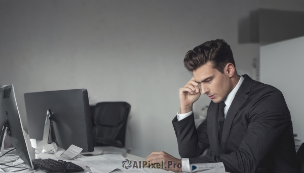 solo,short hair,shirt,black hair,long sleeves,1boy,sitting,closed mouth,jacket,white shirt,upper body,male focus,necktie,collared shirt,indoors,blurry,black jacket,blurry background,facial hair,chair,formal,suit,black necktie,desk,paper,realistic,stubble,lamp,computer,monitor,laptop,black suit,keyboard (computer),office chair,mouse (computer),office,looking down,grey theme