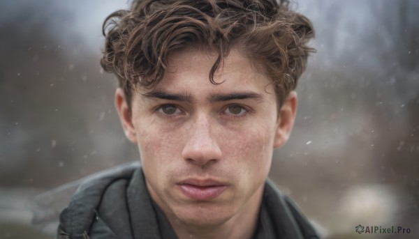 solo,looking at viewer,short hair,brown hair,1boy,brown eyes,closed mouth,jacket,male focus,outdoors,blurry,lips,depth of field,blurry background,portrait,snow,curly hair,snowing,realistic,parted lips,blood,close-up