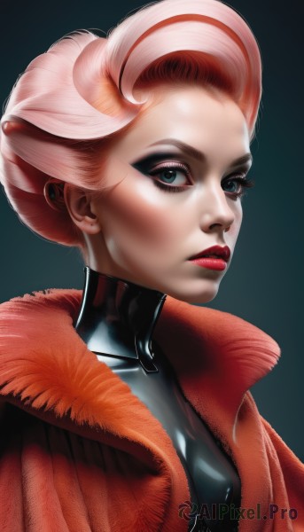 1girl,solo,breasts,looking at viewer,short hair,blue eyes,simple background,closed mouth,green eyes,jacket,upper body,pink hair,multicolored hair,lips,eyelashes,bodysuit,makeup,lipstick,portrait,skin tight,eyeshadow,realistic,nose,red lips,eyeliner,latex,mascara,white hair,artist name,coat,fur trim,turtleneck,red jacket,high collar,red coat