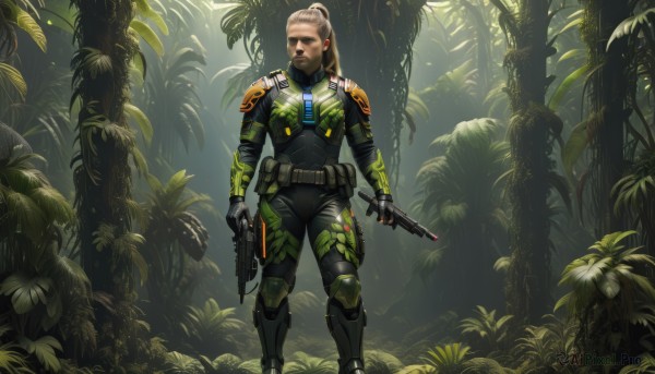 1girl,solo,long hair,breasts,looking at viewer,blonde hair,gloves,holding,standing,ponytail,weapon,boots,outdoors,black gloves,belt,dark skin,fingerless gloves,holding weapon,armor,tree,lips,gun,bodysuit,knife,plant,shoulder armor,holding gun,nature,handgun,forest,science fiction,dual wielding,pouch,realistic,black bodysuit,knee pads,trigger discipline,white hair,emblem,shoulder pads