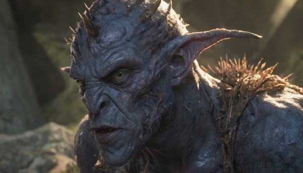 solo,looking at viewer,1boy,upper body,male focus,parted lips,horns,teeth,pointy ears,blurry,lips,blurry background,colored skin,portrait,close-up,spikes,monster,realistic,blue skin,alien,outdoors,armor,scales