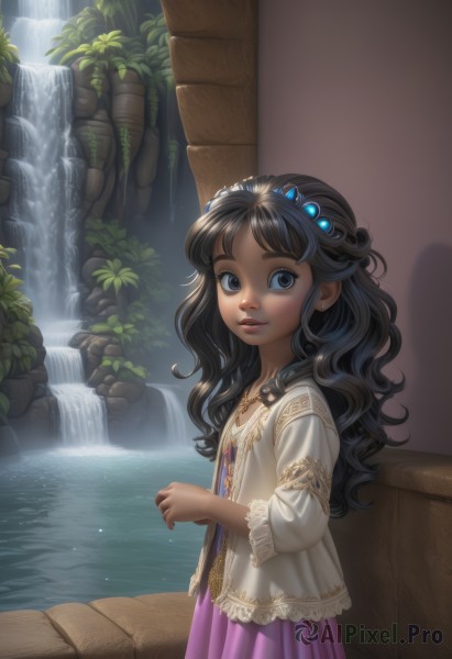 1girl,solo,long hair,looking at viewer,blue eyes,black hair,dress,jewelry,parted lips,dark skin,water,necklace,from side,dark-skinned female,lips,wavy hair,tiara,plant,purple dress,curly hair,nose,fantasy,waterfall,smile,bangs,skirt,shirt,hair ornament,long sleeves,standing,white shirt,cowboy shot,earrings,outdoors,open clothes,artist name,eyelashes,watermark,crown,blouse,lace trim,lace,web address,purple skirt,rock,wall