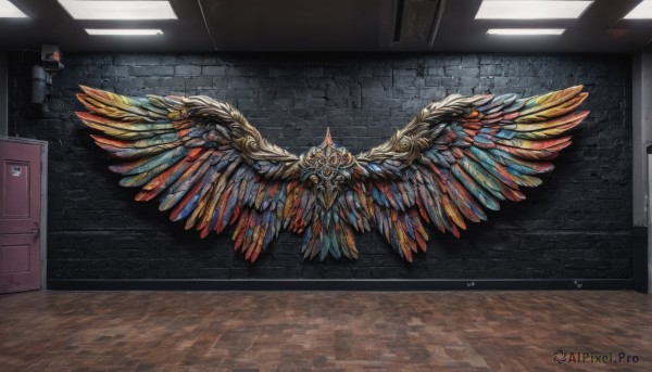 wings,indoors,no humans,scenery,feathered wings,door,multiple wings,glowing,feathers,wooden floor,tiles,wall,tile floor,brick wall,tile wall,spread wings