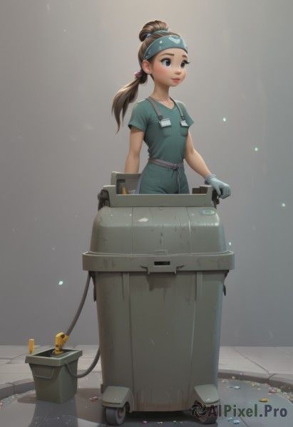 1girl,solo,long hair,breasts,smile,blue eyes,brown hair,shirt,hair ornament,gloves,twintails,brown eyes,closed mouth,standing,collarbone,full body,ponytail,short sleeves,small breasts,belt,grey background,hair bun,black eyes,lips,green shirt,tiles,bucket,overalls,wrench,tools,blush,uniform,apron,headband,looking away,low ponytail,nose,name tag,cable