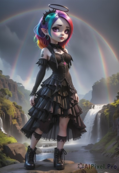 1girl,solo,long hair,breasts,looking at viewer,blush,bangs,skirt,long sleeves,dress,bare shoulders,jewelry,medium breasts,closed mouth,blue hair,standing,purple eyes,full body,pink hair,purple hair,multicolored hair,hairband,earrings,small breasts,boots,outdoors,frills,detached sleeves,sky,shoes,sleeveless,day,pointy ears,socks,shiny,artist name,cloud,signature,medium hair,pink eyes,water,necklace,nail polish,black footwear,black dress,shiny hair,two-tone hair,tree,lips,fingernails,eyelashes,tattoo,gradient hair,makeup,sleeveless dress,watermark,halo,piercing,frilled dress,cross,frilled skirt,lipstick,brooch,gem,ear piercing,pale skin,black nails,lace trim,lace,multicolored clothes,corset,pendant,eyeshadow,cross-laced footwear,legs apart,lolita fashion,pink lips,nose,arms at sides,gothic lolita,lace-up boots,red lips,ankle boots,arm tattoo,shoulder tattoo,platform footwear,rainbow,cross earrings,waterfall,mascara,gothic,lace-trimmed dress,rainbow hair,short hair,aqua hair,sunlight