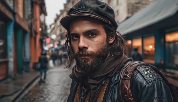 solo,looking at viewer,brown hair,1boy,hat,closed mouth,jacket,upper body,male focus,outdoors,solo focus,day,medium hair,bag,scarf,blurry,black eyes,black jacket,black headwear,depth of field,blurry background,facial hair,backpack,building,beard,city,realistic,mustache,leather,street,brown scarf,black hair,brown eyes,lips,thick eyebrows,road