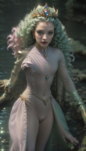 1girl,solo,long hair,breasts,looking at viewer,blue eyes,long sleeves,dress,navel,holding,jewelry,closed mouth,standing,pink hair,multicolored hair,earrings,small breasts,parted lips,green hair,pussy,water,necklace,white dress,blurry,lips,see-through,bodysuit,covered navel,blurry background,cameltoe,wavy hair,tiara,crown,staff,gem,skin tight,realistic,red lips,white bodysuit,gloves,medium breasts,artist name,curly hair