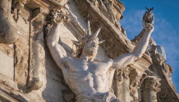 solo,1boy,navel,holding,weapon,male focus,outdoors,sky,day,holding weapon,arms up,blue sky,dutch angle,muscular,facial hair,chain,abs,crown,pectorals,muscular male,beard,restrained,topless male,realistic,manly,ruins,statue,blonde hair,lying,on back,armpits,mask,helmet,pillar,column