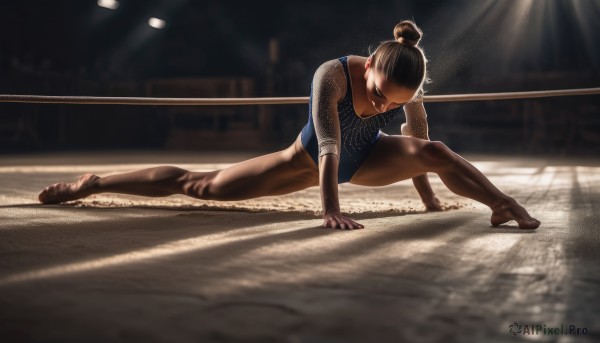 1girl,solo,breasts,short hair,black hair,jewelry,full body,pantyhose,earrings,dark skin,hair bun,blurry,leotard,dark-skinned female,blurry background,single hair bun,backlighting,blue leotard,plantar flexion,athletic leotard,gymnastics,brown hair,pants,spread legs,flexible,spotlight,gym