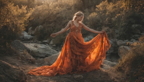 1girl,solo,long hair,breasts,blonde hair,brown hair,hair ornament,dress,bare shoulders,closed mouth,standing,collarbone,full body,closed eyes,outdoors,sleeveless,tree,bare arms,sleeveless dress,leaf,red dress,tiara,nature,scenery,forest,rock,skirt hold,long dress,orange dress,orange theme,black hair,jewelry,blurry,sunlight,realistic,wide shot