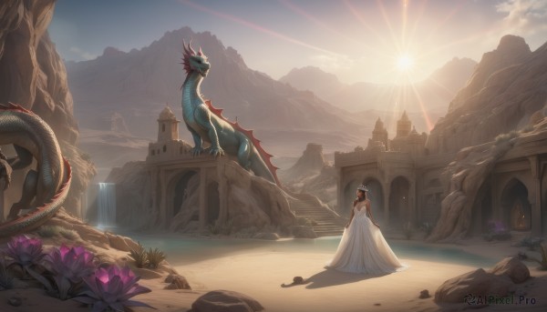 A dragon showcased in a bold sunset day