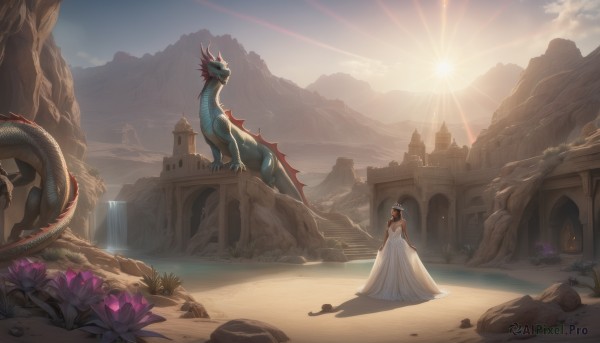 1girl,solo,long hair,breasts,black hair,hair ornament,dress,bare shoulders,standing,flower,outdoors,horns,sky,day,pointy ears,cloud,water,white dress,strapless,sunlight,building,scenery,strapless dress,dragon horns,sunset,rock,mountain,fantasy,dragon,sun,scales,ruins,waterfall,sunrise,cliff,veil,wedding dress,bridal veil,desert