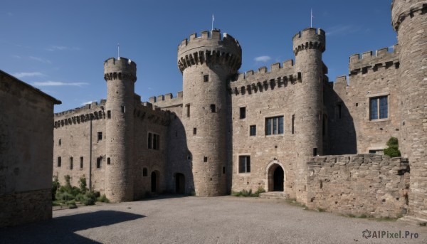 outdoors,sky,day,cloud,tree,blue sky,no humans,window,shadow,building,scenery,road,grass,bush,architecture,castle,tower,arch