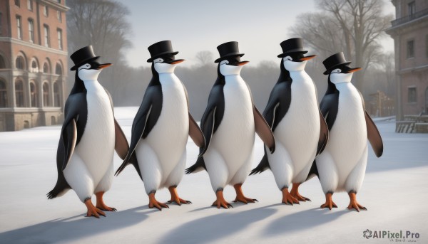 hat,standing,outdoors,day,artist name,tree,no humans,black headwear,shadow,bird,animal,building,web address,snow,top hat,animal focus,winter,bare tree,penguin,grey sky,pigeon,sky,multiple others,flock