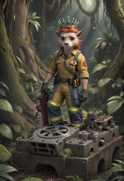 solo,looking at viewer,gloves,1boy,animal ears,standing,weapon,male focus,red hair,boots,belt,orange hair,uniform,tree,gun,military,leaf,crown,plant,nature,furry,forest,furry male,teeth,robot,mushroom