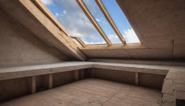 outdoors,sky,day,cloud,indoors,blue sky,no humans,window,shadow,sunlight,cloudy sky,scenery,wooden floor,wall,hallway,building,ruins