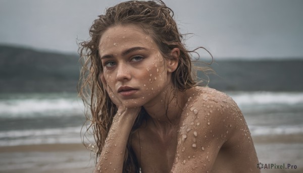 1girl, solo, long hair, looking at viewer, brown hair, upper body, nude, outdoors, parted lips, blurry, lips, wet, blurry background, beach, messy hair, freckles, realistic, nose, wet hair