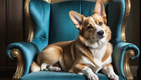 HQ,looking at viewer,blue eyes,sitting,closed mouth,indoors,no humans,animal,chair,sleeping,dog,realistic,animal focus,white fur,throne,armchair,brown fur,orange fur,solo,brown eyes,full body,lying,signature,curtains,shiba inu