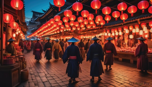 black hair,hat,standing,outdoors,japanese clothes,multiple boys,sky,kimono,from behind,sash,night,building,hakama,night sky,scenery,walking,6+boys,lantern,geta,black kimono,architecture,east asian architecture,paper lantern,festival,people,pavement,food stand,multiple girls,long sleeves,food,day,blue sky,sandals,hakama skirt,road,multiple others,crowd,6+others