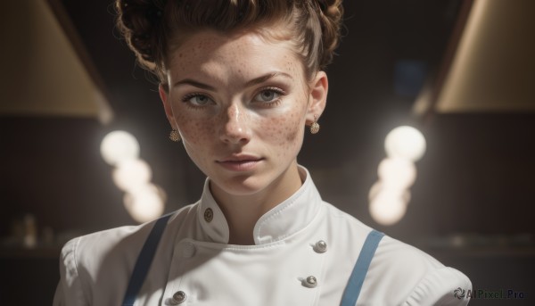 1girl,solo,looking at viewer,short hair,brown hair,shirt,jewelry,white shirt,upper body,earrings,parted lips,artist name,hair bun,blurry,lips,grey eyes,double bun,buttons,depth of field,blurry background,watermark,portrait,freckles,realistic,nose,brown eyes,blood,dirty,dirty face