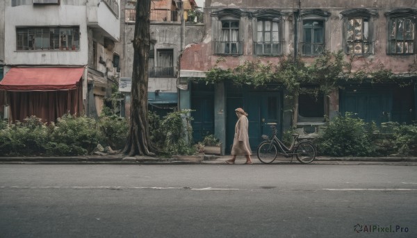 1girl,solo,brown hair,long sleeves,hat,standing,outdoors,shoes,tree,coat,window,plant,ground vehicle,building,scenery,motor vehicle,city,sign,car,road,bush,house,wide shot,street,bicycle,dress,day,hood,from side,door,potted plant,air conditioner,bicycle basket