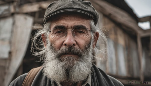 solo,looking at viewer,shirt,1boy,hat,closed mouth,upper body,white hair,male focus,glasses,collared shirt,indoors,blurry,black eyes,black headwear,depth of field,blurry background,facial hair,portrait,beard,mature male,realistic,round eyewear,mustache,old,old man,wrinkled skin,jacket,bag,parody,backpack,manly