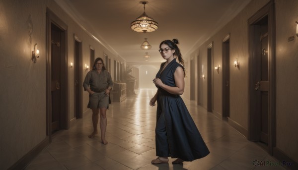 1girl,long hair,looking at viewer,shirt,black hair,1boy,dress,bare shoulders,closed mouth,standing,ponytail,glasses,shorts,barefoot,sleeveless,indoors,hair bun,muscular,facial hair,sandals,single hair bun,walking,robe,door,tiles,light,lamp,tile floor,ceiling,hallway,ceiling light,chandelier,male focus,japanese clothes,multiple boys,2boys,kimono,candle