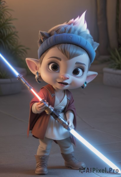 solo,looking at viewer,smile,short hair,open mouth,brown hair,1boy,holding,animal ears,brown eyes,jewelry,full body,weapon,:d,male focus,earrings,boots,teeth,pointy ears,sword,holding weapon,blurry background,headband,brown footwear,holding sword,dual wielding,robe,male child,glowing weapon,energy sword,tunic,lightsaber,1girl,gloves,standing,belt,pants,artist name,chibi,cape,blurry,lips,fangs,spiked hair,realistic,mohawk