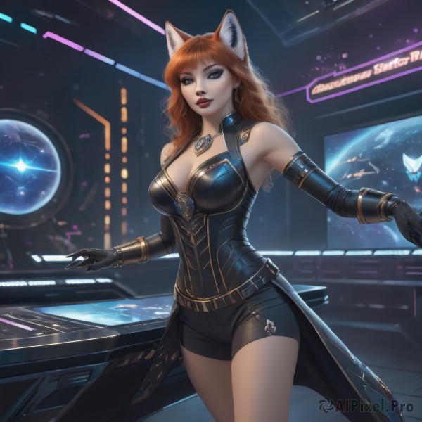 1girl,solo,long hair,breasts,looking at viewer,bangs,large breasts,brown hair,gloves,animal ears,cleavage,bare shoulders,jewelry,medium breasts,standing,cowboy shot,earrings,parted lips,shorts,black gloves,elbow gloves,belt,cat ears,necklace,orange hair,mole,lips,fox ears,short shorts,mole under eye,makeup,wavy hair,black shorts,lipstick,hoop earrings,red lips,space,planet,earth (planet),red hair,bug,fox girl,butterfly,curly hair,realistic