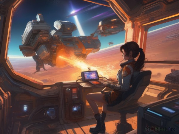 1girl,solo,long hair,brown hair,black hair,gloves,sitting,ponytail,boots,sky,shorts,black footwear,chair,robot,scenery,mecha,science fiction,aircraft,pilot suit,space,computer,monitor,planet,laptop,spacecraft,tablet pc,spacesuit,cockpit,holographic interface,pilot,long sleeves,holding,jewelry,jacket,earrings,cloud,indoors,from side,window,profile,ocean,star (sky),headset,flying,sunset,cigarette,realistic,horizon,battle,explosion,earth (planet),stylus,thrusters,screen,laser,jetpack