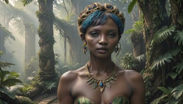 1girl,solo,breasts,looking at viewer,smile,short hair,cleavage,bare shoulders,brown eyes,jewelry,medium breasts,blue hair,collarbone,upper body,earrings,outdoors,parted lips,dark skin,necklace,dark-skinned female,tree,lips,strapless,leaf,facial mark,sunlight,plant,nature,forest,realistic,facepaint,large breasts,black hair,crown,freckles,headdress