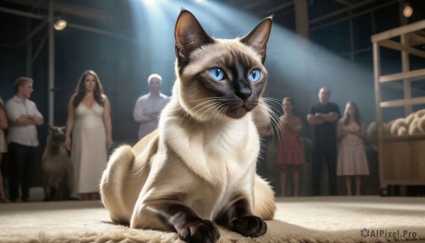 HQ,long hair,looking at viewer,blue eyes,multiple girls,brown hair,shirt,black hair,dress,2girls,sitting,standing,multiple boys,sleeveless,indoors,3girls,white dress,animal,crossed arms,cat,pink dress,realistic,animal focus,old,whiskers,1girl,oversized animal