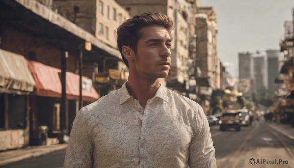 solo,short hair,brown hair,shirt,1boy,closed mouth,white shirt,upper body,male focus,outdoors,collared shirt,blurry,looking to the side,blurry background,facial hair,ground vehicle,building,motor vehicle,city,realistic,stubble,car,road,street,photo background,real world location,black hair,long sleeves,brown eyes,day,dress shirt,depth of field,looking away