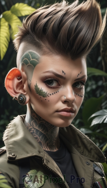 1girl,solo,looking at viewer,short hair,brown hair,shirt,black hair,jewelry,jacket,upper body,male focus,earrings,parted lips,artist name,blurry,black eyes,lips,grey eyes,fur trim,black shirt,eyelashes,tattoo,blurry background,leaf,facial mark,piercing,plant,spiked hair,ear piercing,portrait,realistic,nose,facepaint,very short hair,undercut,facial tattoo,badge,mohawk,neck tattoo,eyebrow piercing,1boy,vest,open jacket,zipper,freckles,brown jacket,leather,leather jacket