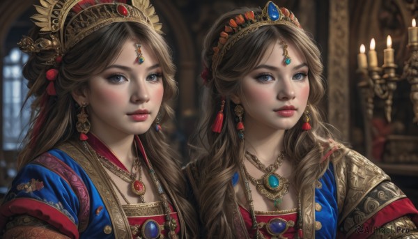 long hair,looking at viewer,blush,smile,bangs,blue eyes,multiple girls,brown hair,hair ornament,dress,2girls,brown eyes,jewelry,closed mouth,upper body,braid,short sleeves,earrings,indoors,signature,necklace,blurry,lips,parted bangs,grey eyes,depth of field,blurry background,blue dress,siblings,tiara,crown,sisters,gem,realistic,headdress,candle,hair bun,window,makeup,chinese clothes,lipstick,tassel,portrait,red lips,red gemstone,candlestand