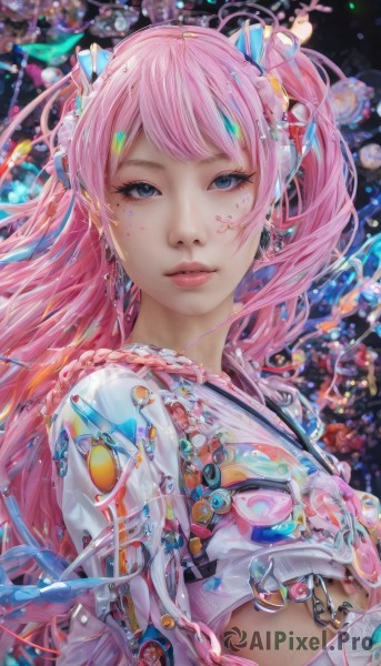 1girl,solo,long hair,looking at viewer,bangs,blue eyes,twintails,jewelry,upper body,pink hair,lips,makeup,science fiction,realistic,nose,android,cable,mechanical parts,hair ornament,braid,earrings,parted lips,mole,blurry,eyelashes,mole under eye,facial mark,bubble