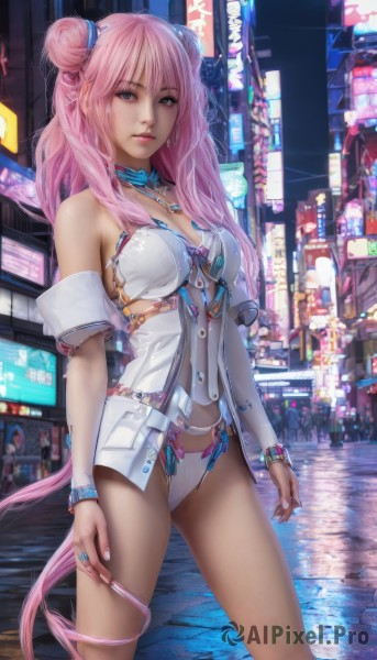 1girl,solo,long hair,breasts,looking at viewer,bangs,blue eyes,navel,bare shoulders,jewelry,medium breasts,underwear,green eyes,standing,panties,pink hair,earrings,outdoors,detached sleeves,necklace,hair bun,bracelet,leotard,lips,double bun,ring,city,realistic,cleavage,very long hair,swimsuit,bikini,thighs,cowboy shot,parted lips,choker,nail polish,night,watermark,building,pink lips,neon lights