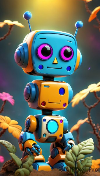 solo,looking at viewer,smile,standing,purple eyes,full body,flower,outdoors,pink eyes,blurry,no humans,leaf,plant,robot,mecha,science fiction,open hands,humanoid robot,non-humanoid robot,chibi,fewer digits