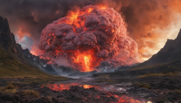 outdoors, sky, cloud, no humans, glowing, cloudy sky, fire, scenery, smoke, monster, mountain, molten rock