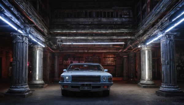 indoors,no humans,window,night,ground vehicle,building,scenery,motor vehicle,car,light,vehicle focus,pillar,arch,column,science fiction,realistic,sports car