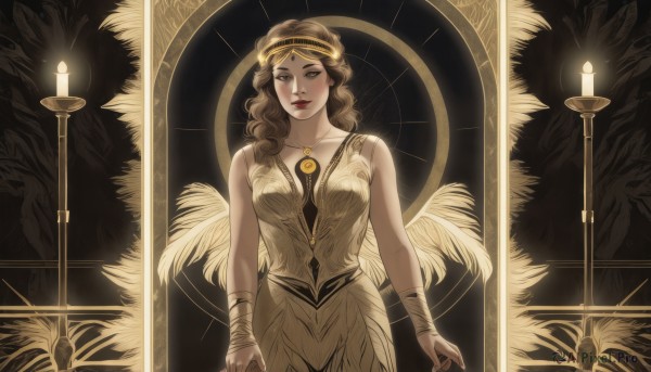 1girl,solo,long hair,breasts,looking at viewer,smile,brown hair,dress,bare shoulders,brown eyes,jewelry,medium breasts,closed mouth,standing,collarbone,cowboy shot,wings,sleeveless,necklace,white dress,lips,sleeveless dress,wavy hair,halo,bandages,feathered wings,angel wings,angel,candle,black hair,makeup,lipstick,circlet,red lips