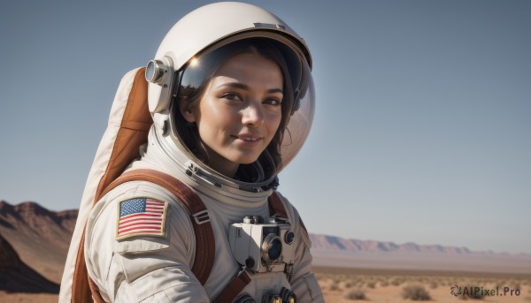 1girl,solo,looking at viewer,smile,brown hair,black hair,brown eyes,upper body,weapon,outdoors,parted lips,sky,day,blurry,blue sky,lips,gun,blurry background,helmet,science fiction,mountain,realistic,american flag,spacesuit,desert,japanese flag,space helmet,united states,astronaut,teeth,from side,backpack,portrait,dirty,dirty face