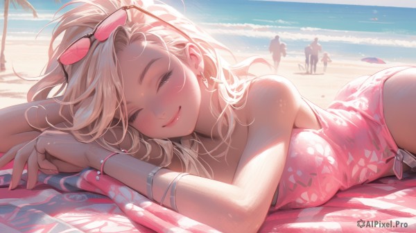 mercy (overwatch),1girl,long hair,breasts,blush,smile,multiple girls,blonde hair,cleavage,bare shoulders,jewelry,medium breasts,closed mouth,swimsuit,closed eyes,ass,heart,bikini,earrings,outdoors,lying,multiple boys,solo focus,day,belt,water,nail polish,bracelet,tree,lips,fingernails,one-piece swimsuit,eyelashes,ocean,umbrella,on side,beach,floral print,sunlight,sunglasses,on stomach,towel,eyewear on head,long fingernails,pink lips,sand,palm tree,bangle,shade,tinted eyewear,casual one-piece swimsuit,beach umbrella,beach towel,pink one-piece swimsuit,bangs,ponytail,sky,blue sky,pink dress,facing viewer,silhouette