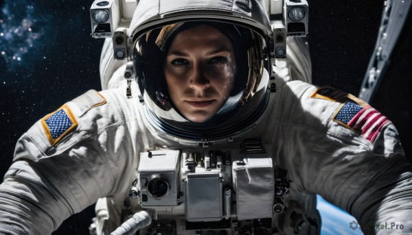 1girl,solo,looking at viewer,smile,black hair,brown eyes,closed mouth,upper body,star (symbol),black eyes,lips,pov,helmet,star (sky),reflection,realistic,space,planet,earth (planet),american flag,spacesuit,japanese flag,space helmet,astronaut,1boy,male focus,flag print,united states,american flag print