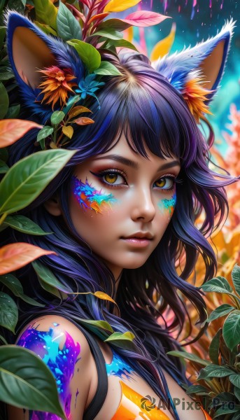 1girl,solo,long hair,breasts,looking at viewer,bangs,black hair,hair ornament,animal ears,bare shoulders,medium breasts,closed mouth,blue hair,yellow eyes,upper body,purple hair,flower,outdoors,artist name,cat ears,hair flower,blurry,from side,lips,fox ears,eyelashes,tattoo,makeup,depth of field,blurry background,leaf,facial mark,plant,lipstick,portrait,eyeshadow,freckles,pink lips,nose,red lips,eyeliner,whisker markings,facepaint,mascara,brown eyes,animal ear fluff,watermark,tank top,close-up,blue flower,colorful,paint splatter