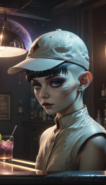 1girl,solo,looking at viewer,short hair,bangs,blue eyes,shirt,black hair,hat,jewelry,closed mouth,upper body,earrings,sleeveless,artist name,indoors,blunt bangs,cup,lips,makeup,buttons,white headwear,facial mark,piercing,lipstick,ear piercing,baseball cap,eyeshadow,drinking glass,zipper,pocket,ice,drinking straw,realistic,nose,drink,red lips,glass,stud earrings,eyeliner,breast pocket,mascara,bar (place),ice cube,cocktail glass,food,signature,eyelashes,tattoo,fruit,bottle,high collar,facepaint,facial tattoo,lemon slice