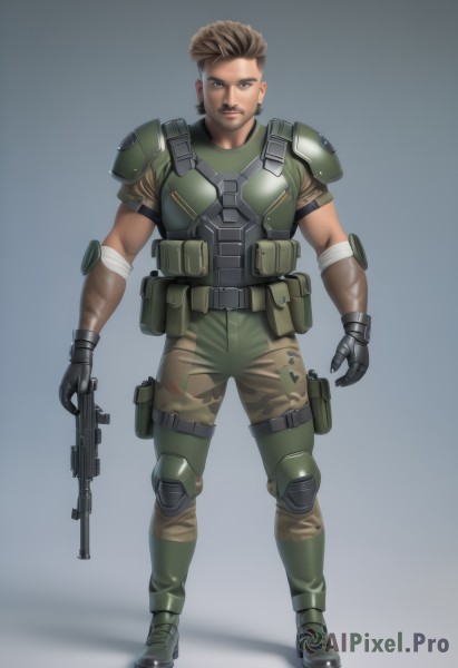 solo,looking at viewer,brown hair,gloves,1boy,holding,brown eyes,full body,weapon,male focus,boots,holding weapon,armor,gun,military,facial hair,bandages,holding gun,rifle,realistic,assault rifle,knee pads,camouflage,elbow pads,short hair,standing,dark skin,muscular,beard,pouch,bandaged arm