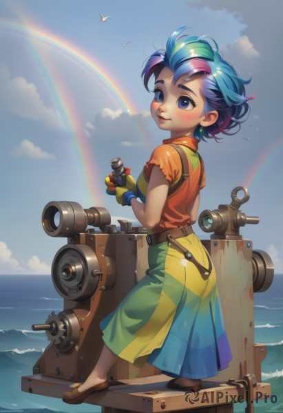 1girl,solo,breasts,blush,smile,short hair,blue eyes,skirt,shirt,gloves,dress,holding,jewelry,closed mouth,blue hair,standing,purple eyes,full body,pink hair,purple hair,short sleeves,multicolored hair,earrings,outdoors,sky,shoes,day,striped,belt,looking back,artist name,cloud,water,from behind,two-tone hair,blue sky,lips,streaked hair,bird,ocean,watermark,brown footwear,cloudy sky,web address,multicolored clothes,personification,freckles,long skirt,horizon,female child,rainbow,binoculars,looking at viewer,green hair,see-through