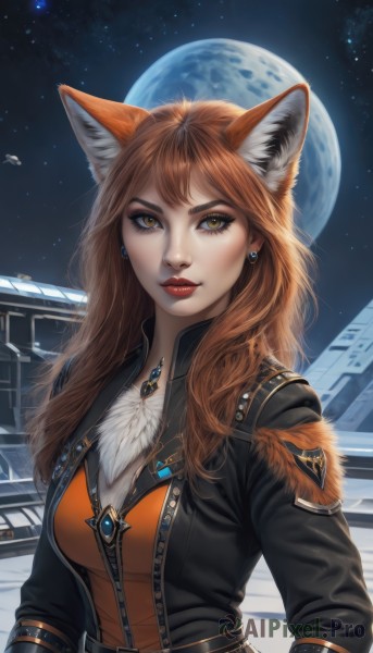 1girl,solo,long hair,breasts,looking at viewer,smile,bangs,brown hair,long sleeves,animal ears,cleavage,brown eyes,jewelry,medium breasts,jacket,yellow eyes,upper body,earrings,outdoors,open clothes,sky,belt,artist name,necklace,orange hair,lips,black jacket,fox ears,eyelashes,makeup,night,fox tail,moon,lipstick,fox girl,gem,star (sky),night sky,full moon,pendant,zipper,starry sky,nose,red lips,leather,orange shirt,leather jacket,orange eyes,animal ear fluff,realistic,space,planet